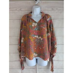 Cynthia Rowley orange floral print puff sleeve blouse size M